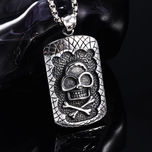 Vintage stainless steel skull square pendant necklace with hip hop gothic relief pattern
