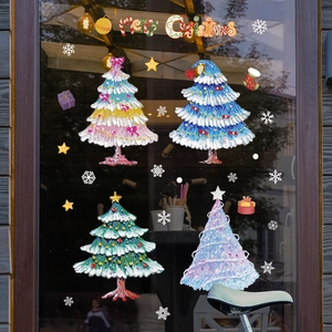 Autocollants de fenêtre sapin de Noël style peinture à l'huile avec flocons et texte festif