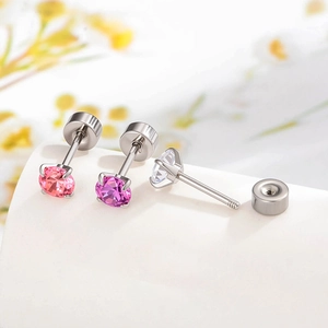 Three 4mm colorful zircon stud earrings in pink, rose red and clear with screw backs