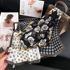 French Style Rose Floral And Polka Dot Print Square Scarf Satin-Like Polyester Contrast Color Neck Wrap For Women