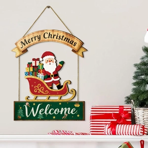 Panneau de Noël suspendu en bois avec Père Noël et texte de bienvenue mural