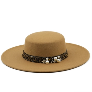 Elegant camel wool felt flat top boater hat with leopard print band and faux pearls