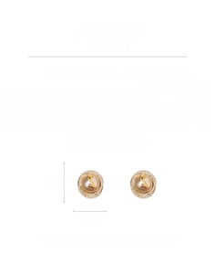 Detail view of gold halo pearl earrings with crystal letters and size specifications