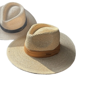 Classic wide brim raffia hats with handmade metal plaque in natural and cream colors