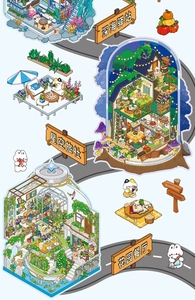 Detail of DIY scenery stickers featuring ocean, forest house and garden restaurant themes
