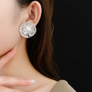 Elegant silver floral earrings with pearl center in a radiant firework design for women