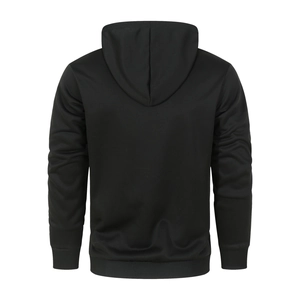 Rear view of a black lightweight hoodie showing ribbed cuffs and a clean flat lay design