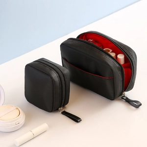 Trousse De Maquillage Portable Polyester Imperméable Fermeture Éclair Organisateur Cosmétique Voyage Poignée Cuir