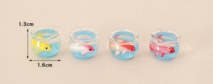 Miniature dollhouse fish tank models with tiny colorful goldfish and size dimensions