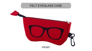 Front view of a red felt eyeglass case with a black glasses print and swivel hook