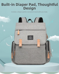 Detail view of grey diaper backpack featuring a built-in changing pad and leather zipper pulls