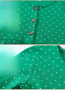 Detailed close-up of green polka dot girl's dress with round neck and wooden buttons