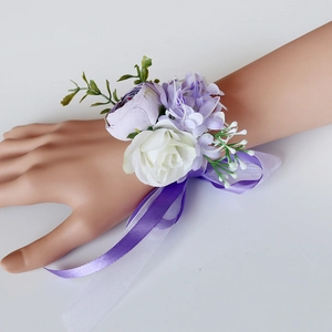 Lavender and white artificial rose bridal wrist corsage with purple ribbon detail