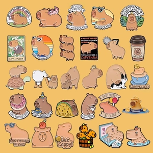 Set of 20 cute cartoon capybara enamel pins with various funny poses on orange background