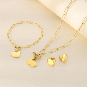 Stainless Steel 18K Gold Plated Heart Jewelry Necklace Bracelet And Heart Stud Earrings Toggle Clasp Fashion For Women