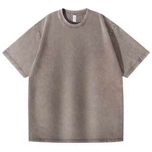 Detail view of reinforced crew neck on high-street vintage washed taupe cotton t-shirt