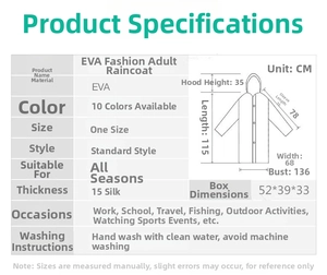 Detailed size chart for EVA adult raincoat showing length 115cm and width 68cm dimensions