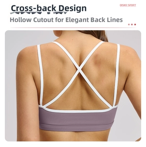 Detail showing the white cross-back straps on the purple racerback sports bra