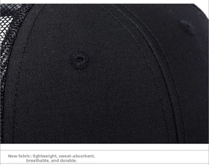 Detail of black trucker hat showing breathable mesh and durable reinforced stitching