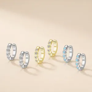 925 Sterling Silver Huggie Hoop Earrings With Zircon Inlaid Round Row For Women Minimalist Sweet Jewelry