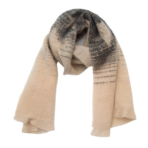 Close-up of beige and dark grey gradient knit scarf with star pattern jacquard texture