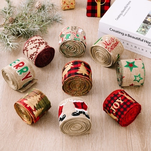 Assorted Christmas burlap ribbons set with festive patterns and holiday greetings