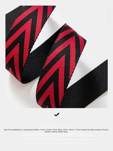 Detail of red and black chevron woven bag strap with 3.8cm width and leather ends