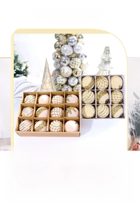 Detail of elegant beige Christmas ball ornaments with gold glitter geometric patterns