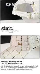Detail of tweed baseball cap showing golden M logo and adjustable metal buckle
