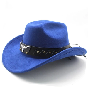 Detail of blue suede cowboy hat featuring a silver bull head metal ornament and rivets