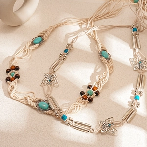Bohemian Woven Rope Waist Chain With Turquoise Stone Wood Beads And Alloy Butterfly Pendant Adjustable Ethnic Belt Women