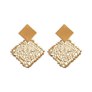 Golden mesh square geometric drop earrings with minimalist vintage metal lattice design