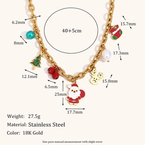 18K gold plated stainless steel Christmas necklace with Santa, reindeer and bell charms