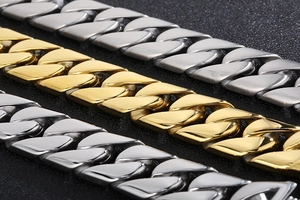 Close-up of 20mm thick Cuban link chains in polished gold and silver stainless steel finishes