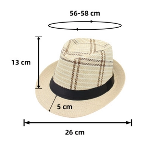 Detailed size specifications for the straw Trilby hat showing crown height and brim width
