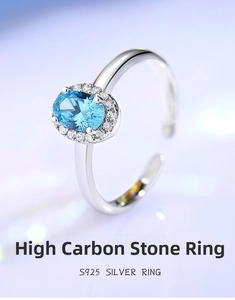 Macro shot of S925 silver ring featuring oval blue stone and white zircon halo detail