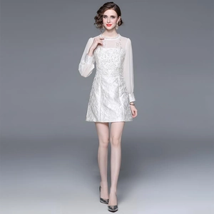 Elegant white floral lace dress with semi-sheer sleeves and intricate embroidery