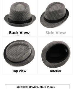Multi-angle view of gray striped wool fedora hat with black band and interior details