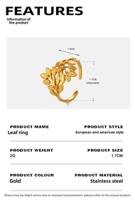 Detailed size specifications for gold stainless steel leaf ring with adjustable design