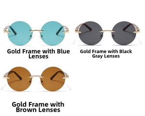 Retro runde randlose Sonnenbrille mit goldener Metallbrücke und blauen, grauen Gläsern