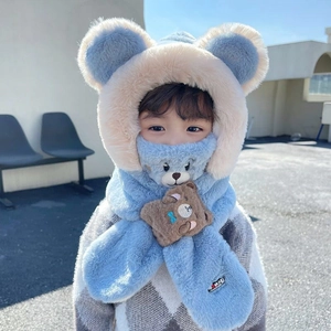 Toddler winter hood hat and scarf set with cute bear ears in light blue plush