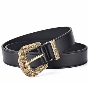 Women's black leather belt featuring vintage gold engraved buckle on a white background