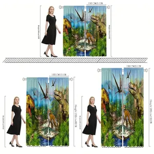 Size chart for dinosaur world polyester curtains showing three height specifications