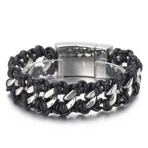 Men's braided black leather bracelet with silver stainless steel Cuban link chain