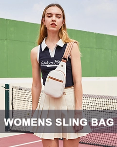 White canvas sling bag with patterned strap shown on a model in an outdoor tennis court