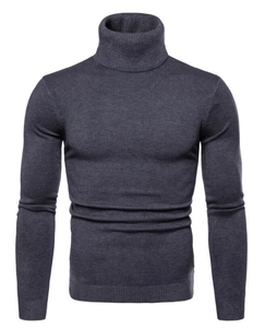 Detailed view of the dark grey knit texture and high collar of the slim fit men's sweater