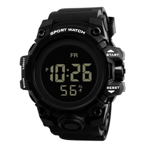 Close-up of multifunctional digital sport watch dial with EL backlight and LCD display