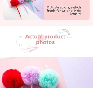 Detail of colorful plush pom-pom pens with slim plastic barrels and protective caps