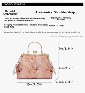 Detail view of pink satin embroidery bag with dimensions showing floral patterns