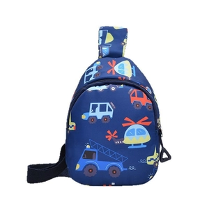 Blue kids chest bag with cartoon vehicles, adjustable strap for casual daily wear